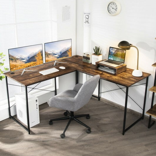 95 Inch 2-Person L-Shaped Long Reversible Computer Desk with Monitor Stand-Rustic Brown - Color: Rustic Brown - Minihomy