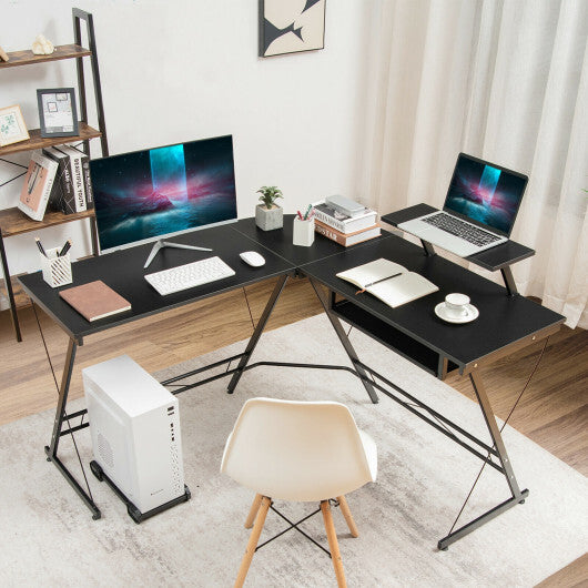 L Shaped Computer Desk Home Office Workstation with Movable Monitor Stand-Black - Color: Black - Minihomy