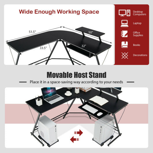 L Shaped Computer Desk Home Office Workstation with Movable Monitor Stand-Black - Color: Black - Minihomy