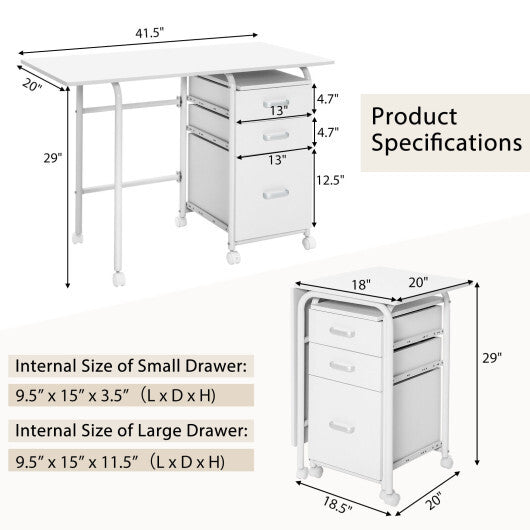 Home Office Folding Computer Laptop Desk Wheeled with 3 Drawers-White - Color: White - Minihomy