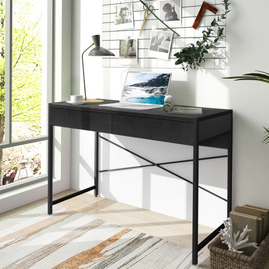 2-Drawer Home Office Desk with Steel Frame-Black - Color: Black - Minihomy