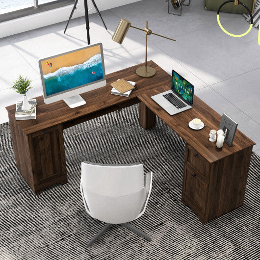 L-Shaped Office Desk with Storage Drawers and Keyboard Tray-Walnut - Color: Walnut - Minihomy