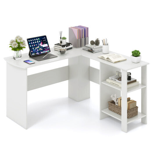 Large Modern L-shaped Computer Desk with 2 Cable Holes and 2 Storage Shelves-White - Color: White - Minihomy