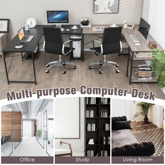 L Shaped Computer Desk with 4 Storage Shelves and Cable Holes-Gray - Color: Gray - Minihomy