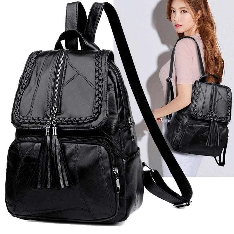 Fringed Backpack Women's PU Backpack Leisure Fan Student Backpack - Minihomy