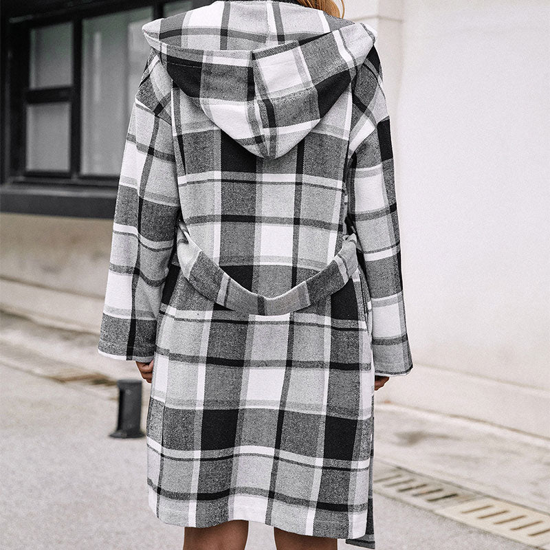 Loose Casual Plaid Mid-length Belted Hood - Minihomy