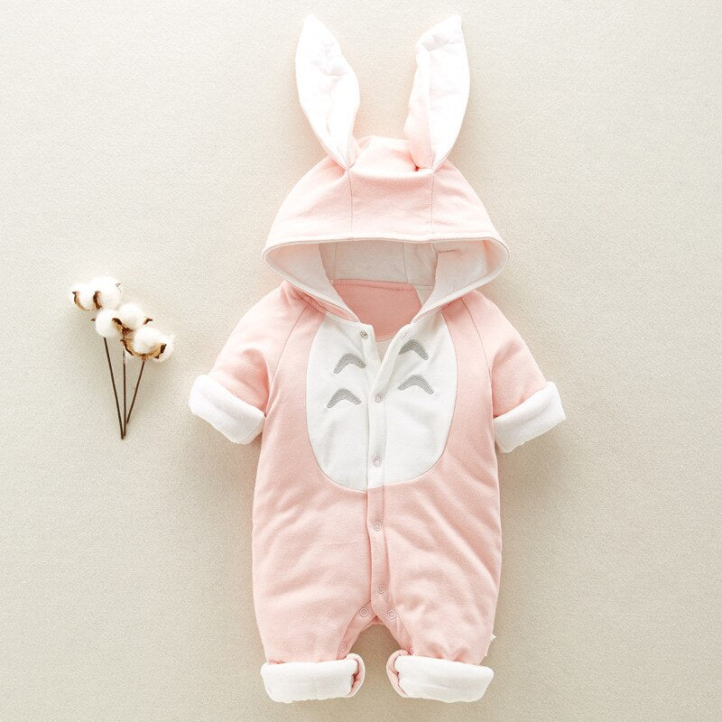 Newborn Jumpsuit Thickened Cotton Romper Boys And Girls Cartoon Rubbit Ears With Hood Jumpsuit - Minihomy