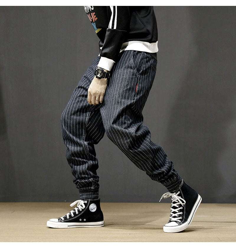 Japanese Style Men Jeans Stripe Designer Casual Denim Cargo Pants Men - Minihomy