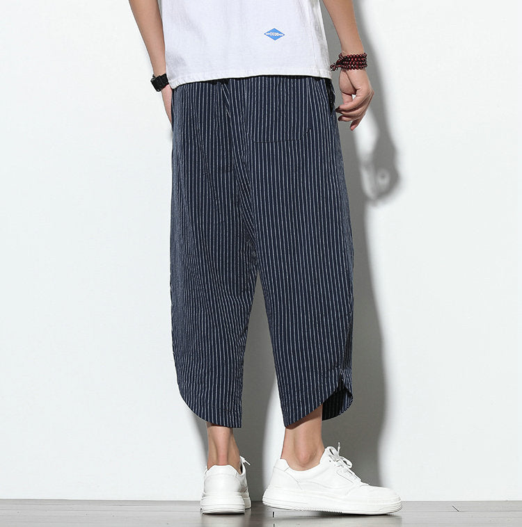 Chinese Style Cotton And Linen Pants Striped Plus Size Loose Harem Bloomers Men - Minihomy