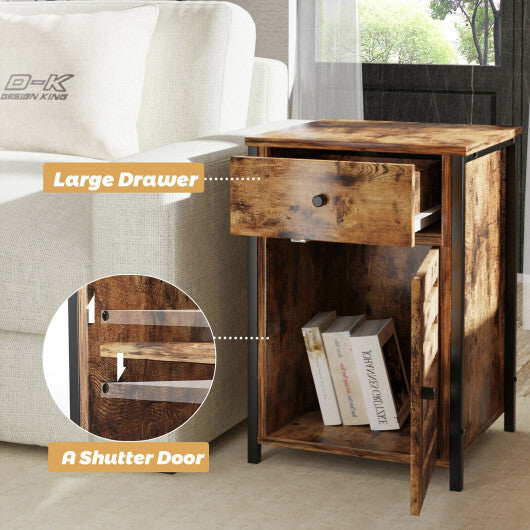 Industrial Nightstand with Drawer and Adjustable Shelf - Minihomy