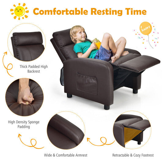 Ergonomic PU Leather Kids Recliner Lounge Sofa for 3-12 Age Group-Brown - Color: Brown - Minihomy