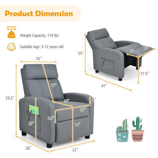 Ergonomic PU Leather Kids Recliner Lounge Sofa for 3-12 Age Group-Gray - Color: Gray - Minihomy