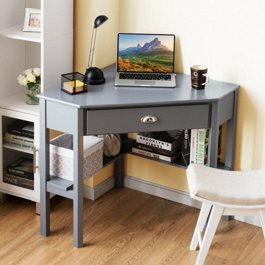 Corner Wooden Piece Laptop Computer Desk-Gray - Color: Gray - Minihomy