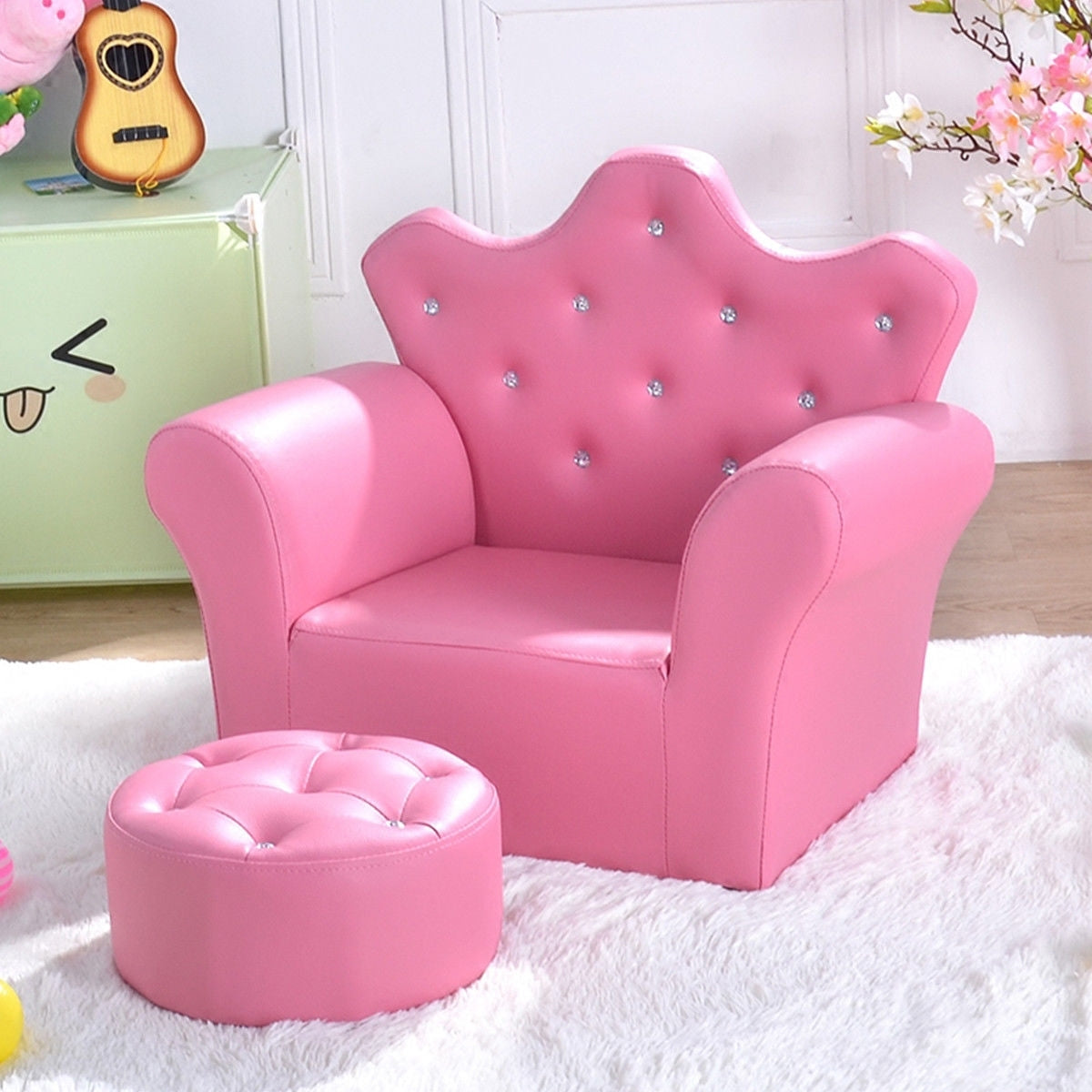 Pink Kids Sofa Armrest Couch with Ottoman - Minihomy