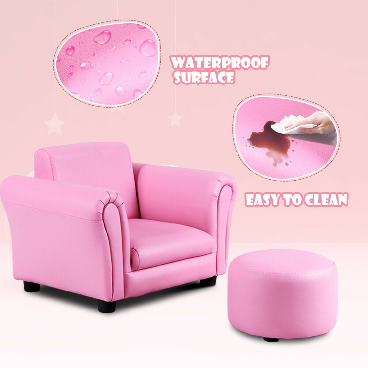 Kids Single Armrest Couch Sofa with Ottoman - Color: Pink - Minihomy