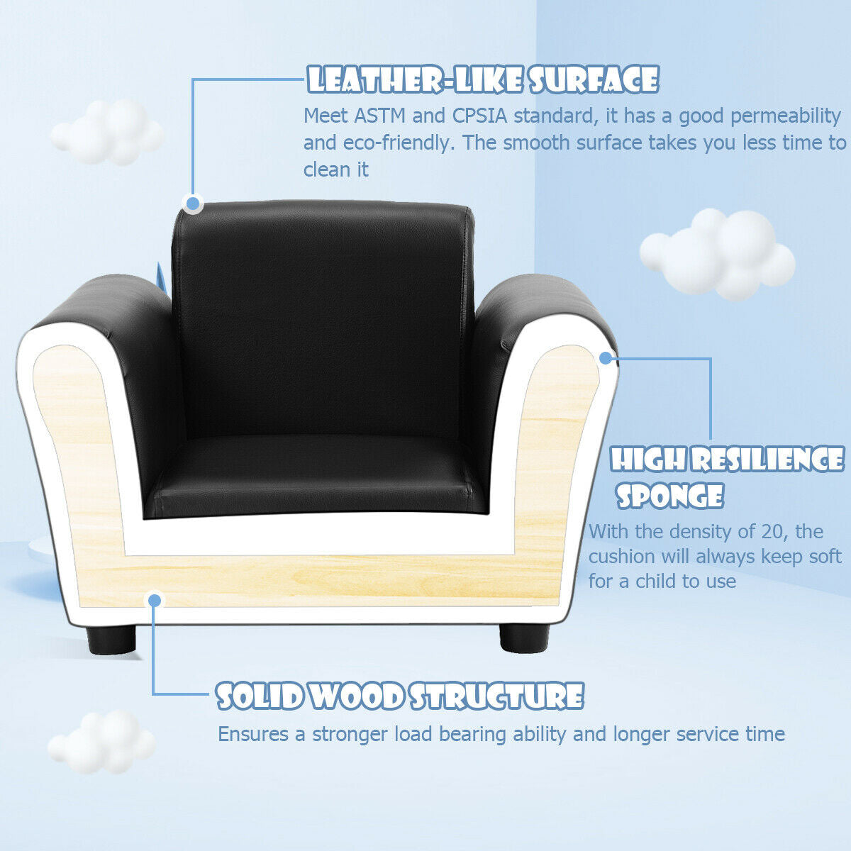 Black Kids Single Armrest Couch Sofa with Ottoman - Color: Black - Minihomy