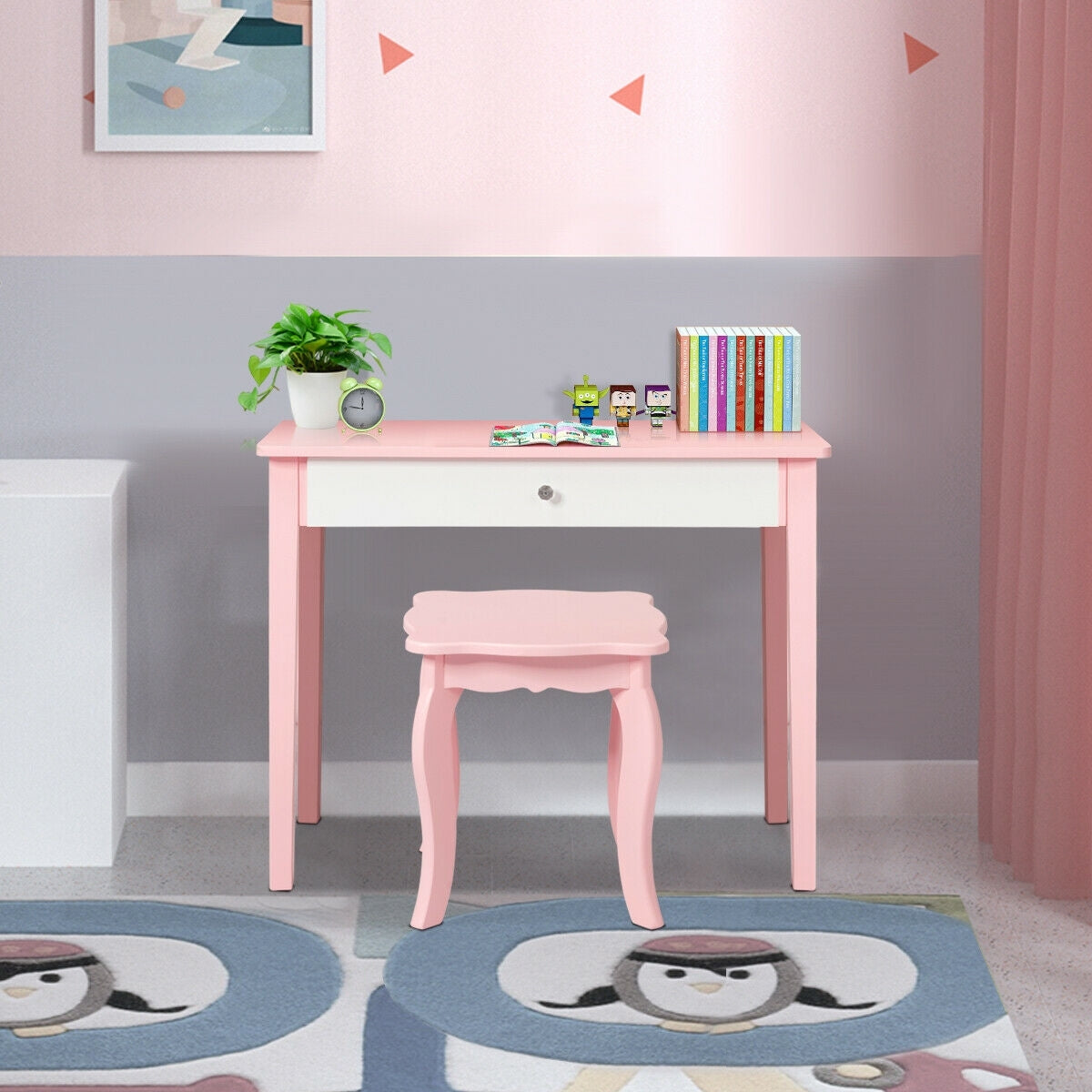 Kids Princess Make Up Dressing Table with Tri-folding Mirror and Chair-Pink - Color: Pink - Minihomy