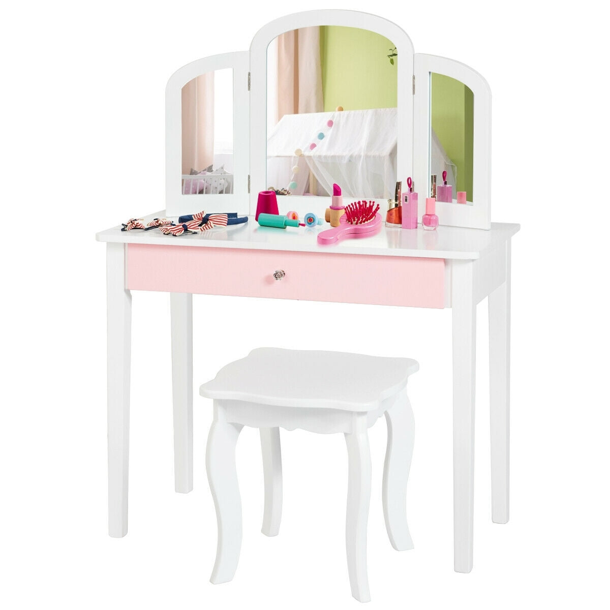 Kids Princess Make Up Dressing Table with Tri-folding Mirror and Chair-White - Color: White - Minihomy