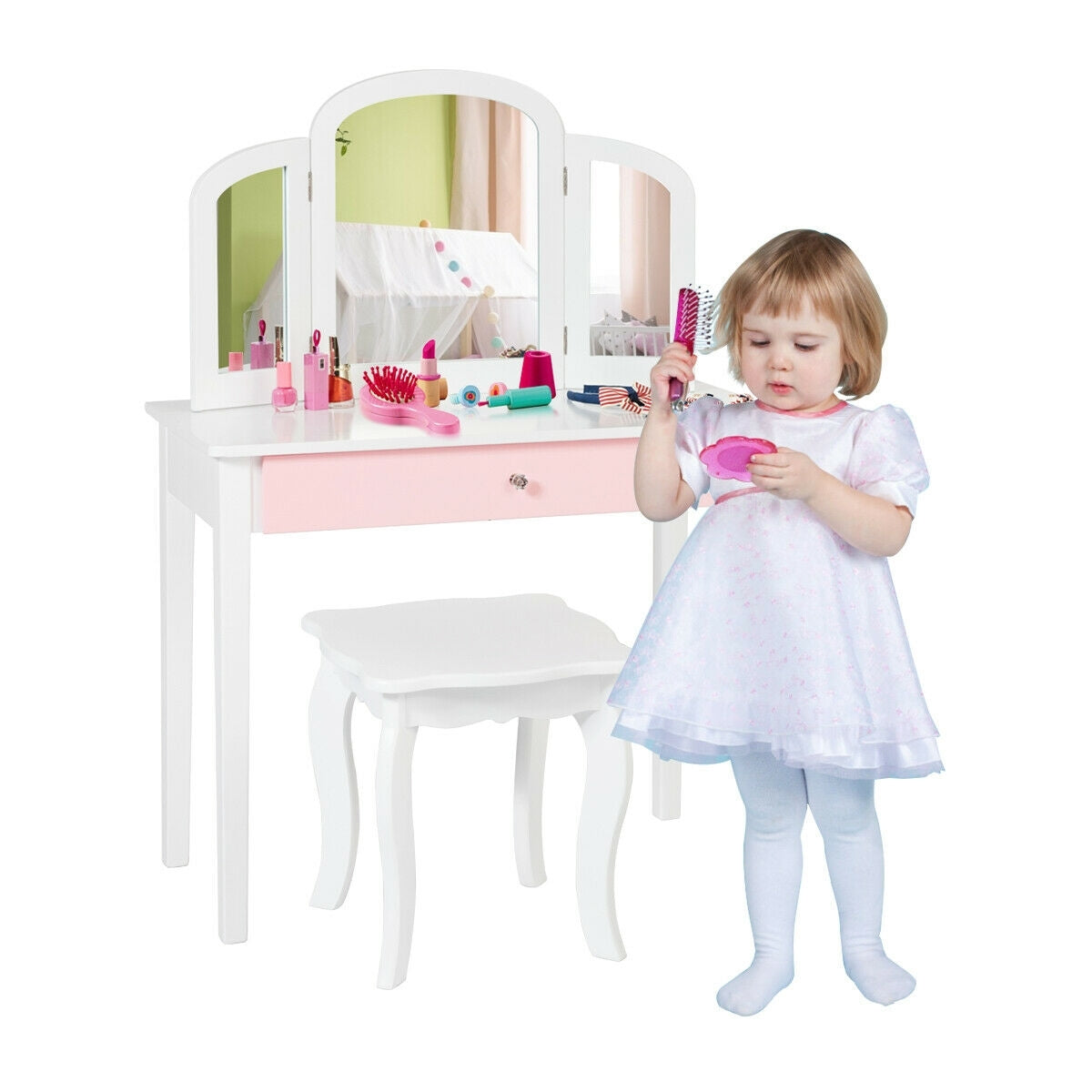 Kids Princess Make Up Dressing Table with Tri-folding Mirror and Chair-White - Color: White - Minihomy