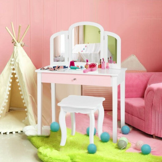 Kids Princess Make Up Dressing Table with Tri-folding Mirror and Chair-Pink - Minihomy