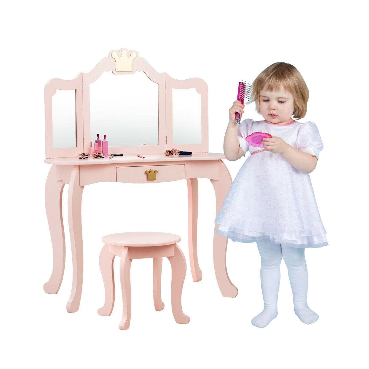 Kids Makeup Dressing Table with Tri-folding Mirror and Stool-Pink - Color: Pink - Minihomy