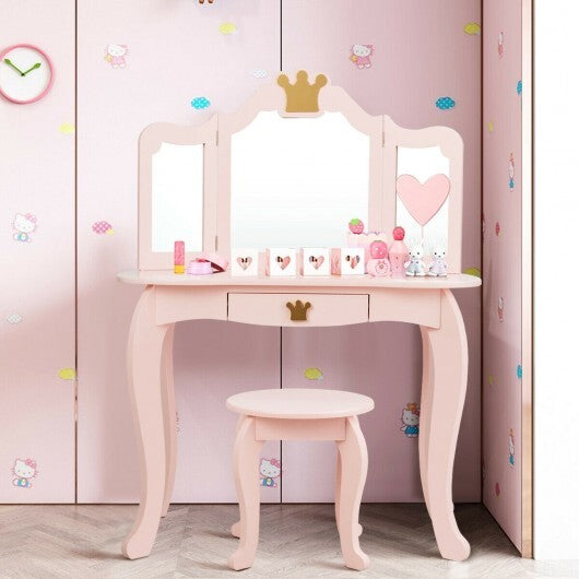 Kids Makeup Dressing Table with Tri-folding Mirror and Stool-Pink - Minihomy