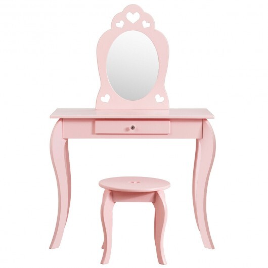 Kids Princess Makeup Dressing Play Table Set with Mirror -Pink - Minihomy