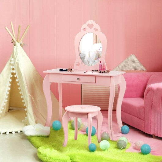 Kids Princess Makeup Dressing Play Table Set with Mirror -Pink - Color: Pink - Minihomy