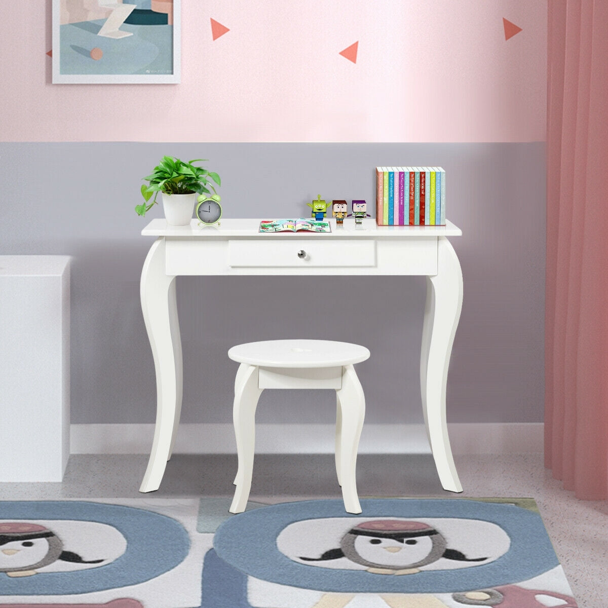 Kids Princess Makeup Dressing Play Table Set with Mirror -White - Color: White - Minihomy