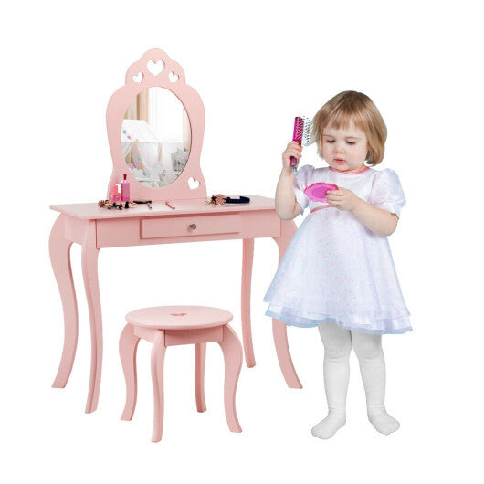 Kids Princess Makeup Dressing Play Table Set with Mirror -Pink - Minihomy