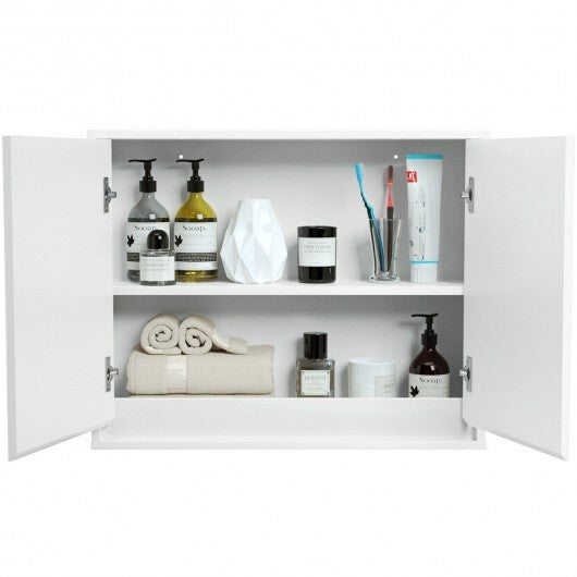 2-Door Wall-Mounted Bathroom Mirrored Medicine Cabinet - Color: White - Minihomy