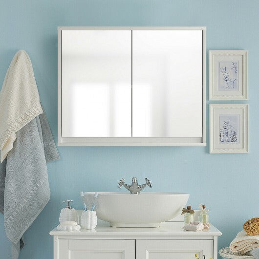 2-Door Wall-Mounted Bathroom Mirrored Medicine Cabinet - Color: White - Minihomy