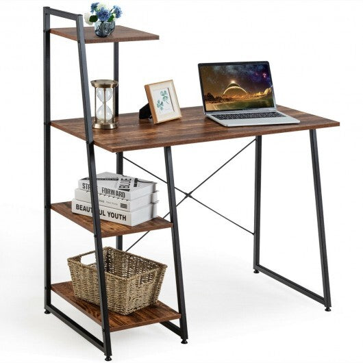 Compact Computer Desk Workstation with 4 Tier Shelves for Home and Office-Brown - Color: Brown - Minihomy