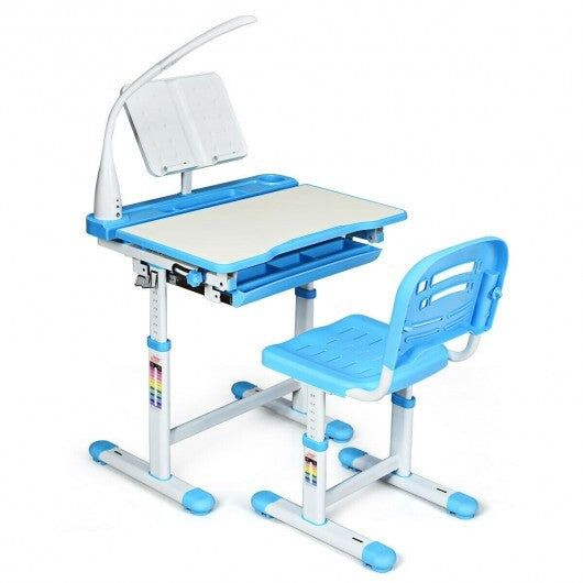 Adjustable Kids Desk Chair Set with Lamp and Bookstand-Blue - Color: Blue - Minihomy