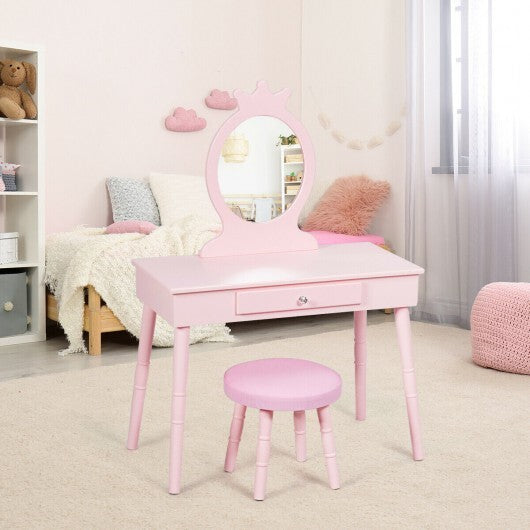 Kids Vanity Makeup Table and Chair Set Make Up Stool - Color: Pink - Minihomy