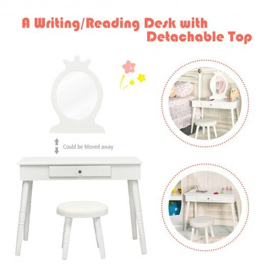 Kids Vanity Makeup Table & Chair Set Make Up Stool-White - Color: White - Minihomy