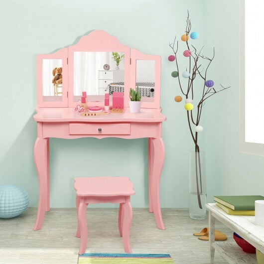 Kids Makeup Dressing Mirror Vanity Table Stool Set-Pink - Color: Pink - Minihomy