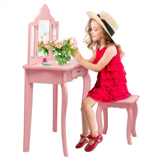 Kids Makeup Dressing Mirror Vanity Table Stool Set-Pink - Color: Pink - Minihomy