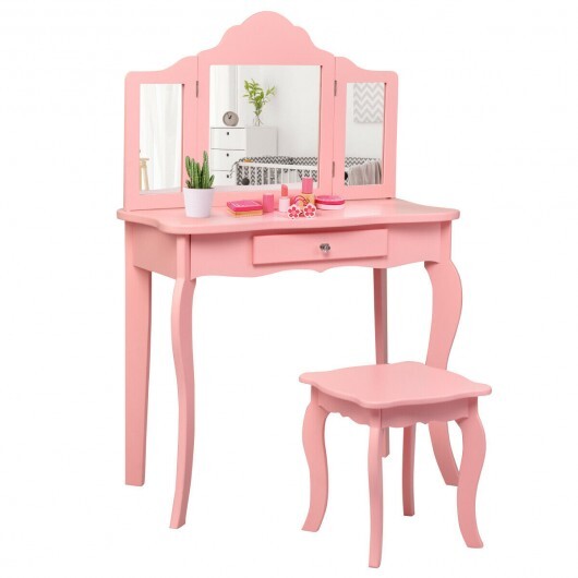 Kids Makeup Dressing Mirror Vanity Table Stool Set-Pink - Color: Pink - Minihomy