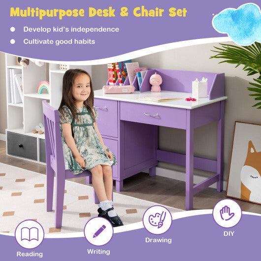 Kids Wooden Writing Furniture Set with Drawer and Storage Cabinet-Purple - Color: Purple - Minihomy