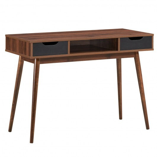 Stylish Computer Desk Workstation with 2 Drawers and Solid Wood Legs-Walnut - Color: Walnut