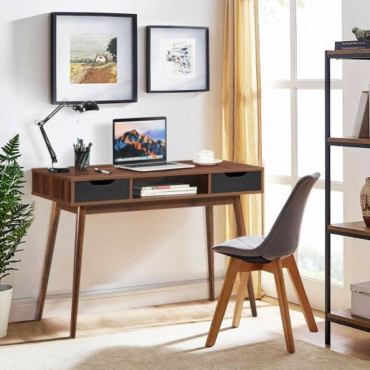 Stylish Computer Desk Workstation with 2 Drawers and Solid Wood Legs-Walnut - Color: Walnut