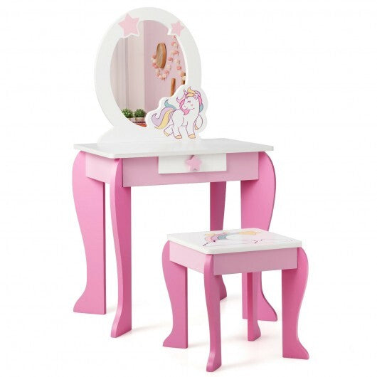 Kids Wooden Makeup Dressing Table and Chair Set with Mirror and Drawer - Minihomy