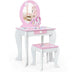 Kids Wooden Makeup Dressing Table and Chair Set with Mirror and Drawer-White - Color: White - Minihomy