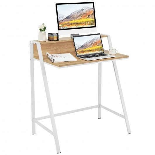 2 Tier Computer Desk PC Laptop Table Study Writing Home Office Workstation New-Natural - Color: Natural - Minihomy