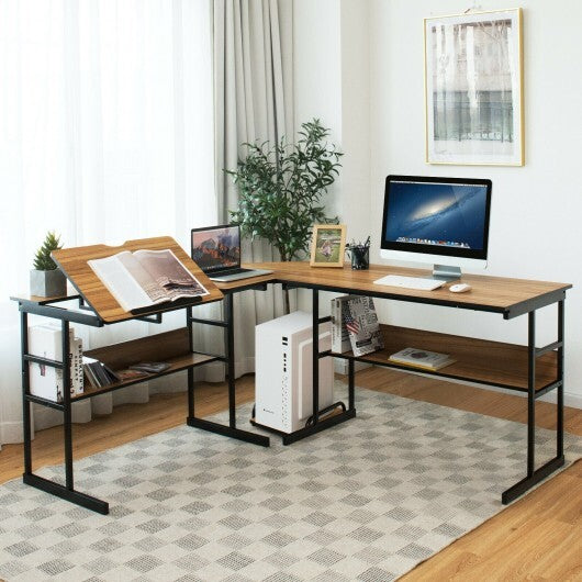 L-Shaped Computer Desk with Tiltable Tabletop-Walnut - Color: Walnut - Minihomy