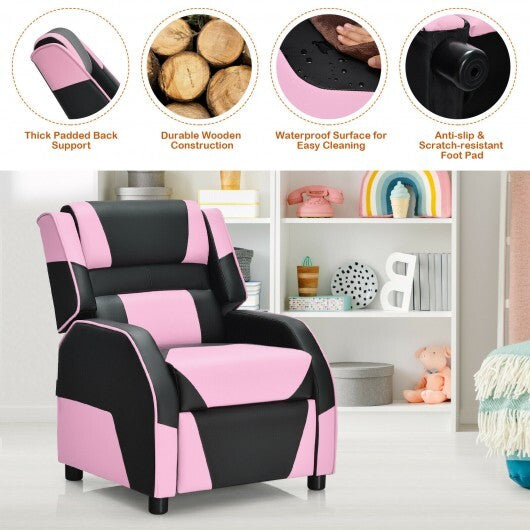 Kids Youth PU Leather Gaming Sofa Recliner with Headrest and Footrest - Pink - Minihomy