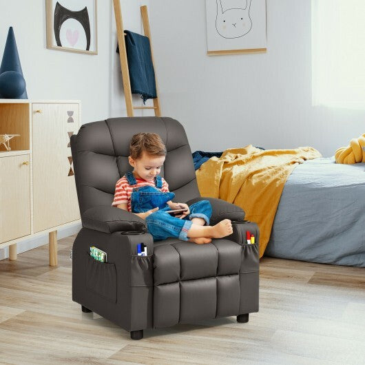 PU Leather Kids Recliner Chair with Cup Holders and Side Pockets-Brown - Color: Brown