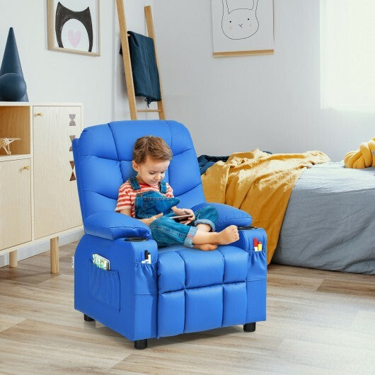 PU Leather Kids Recliner Chair with Cup Holders and Side Pockets-Blue - Color: Blue