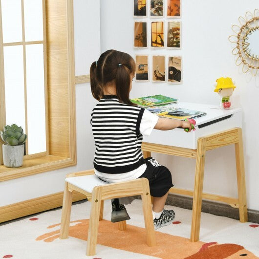 Children Activity Art Study Desk and Chair Set with Large Storage Space for Kids Homeschooling-White - Color: White - Minihomy